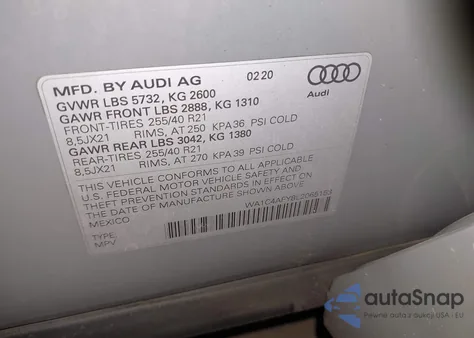 2020 Audi Sq5 Prestige Tfsi Quattro Tiptronic из США, поврежденный, VIN WA1C4AFY8L2065153